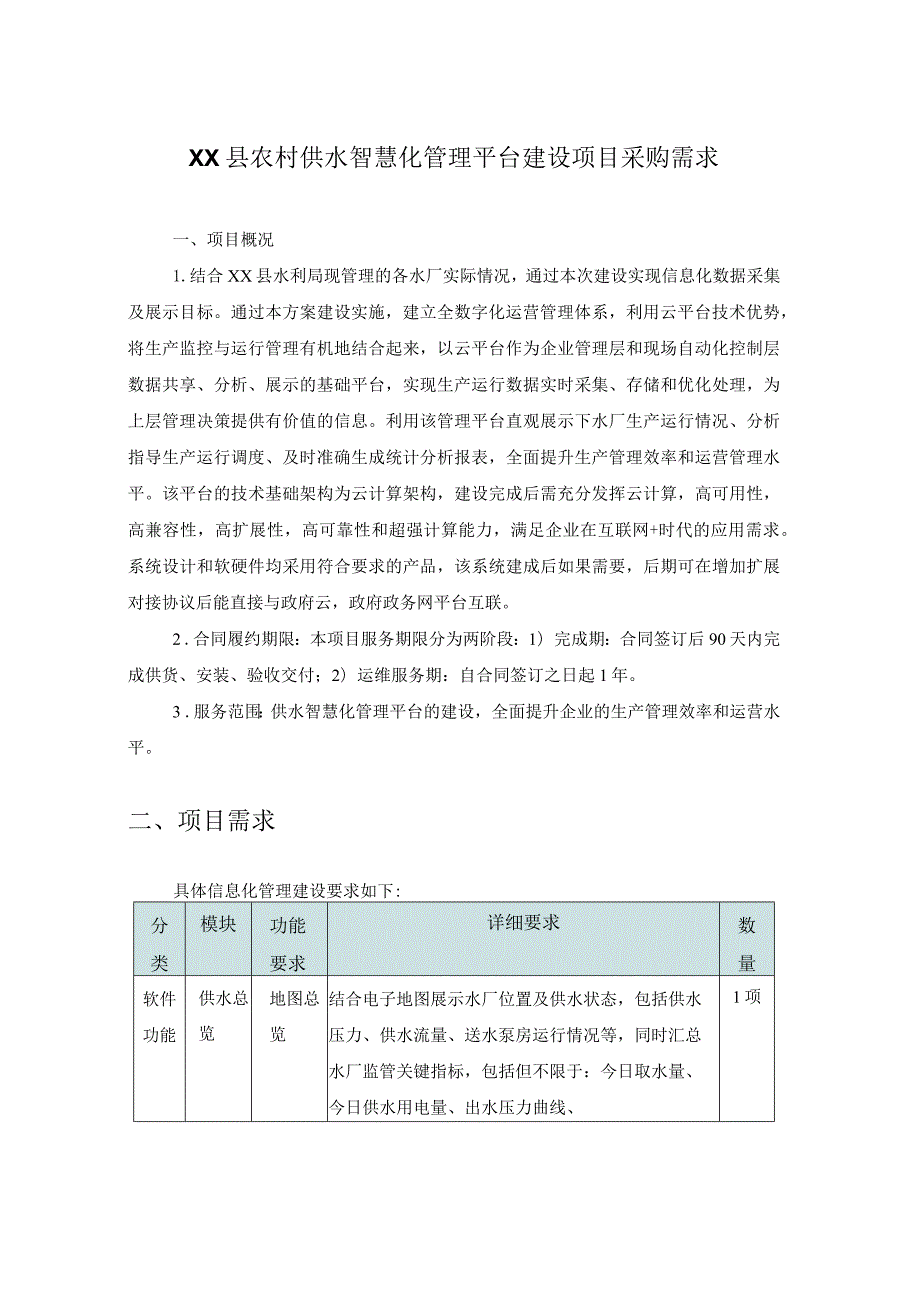 XX县农村供水智慧化管理平台建设项目采购需求.docx_第1页