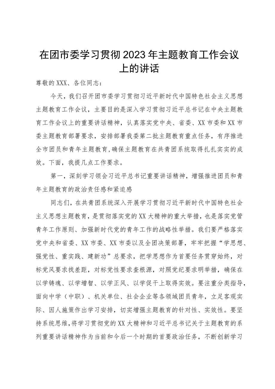 在团市委2023年主题教育工作会议上的讲话.docx_第1页