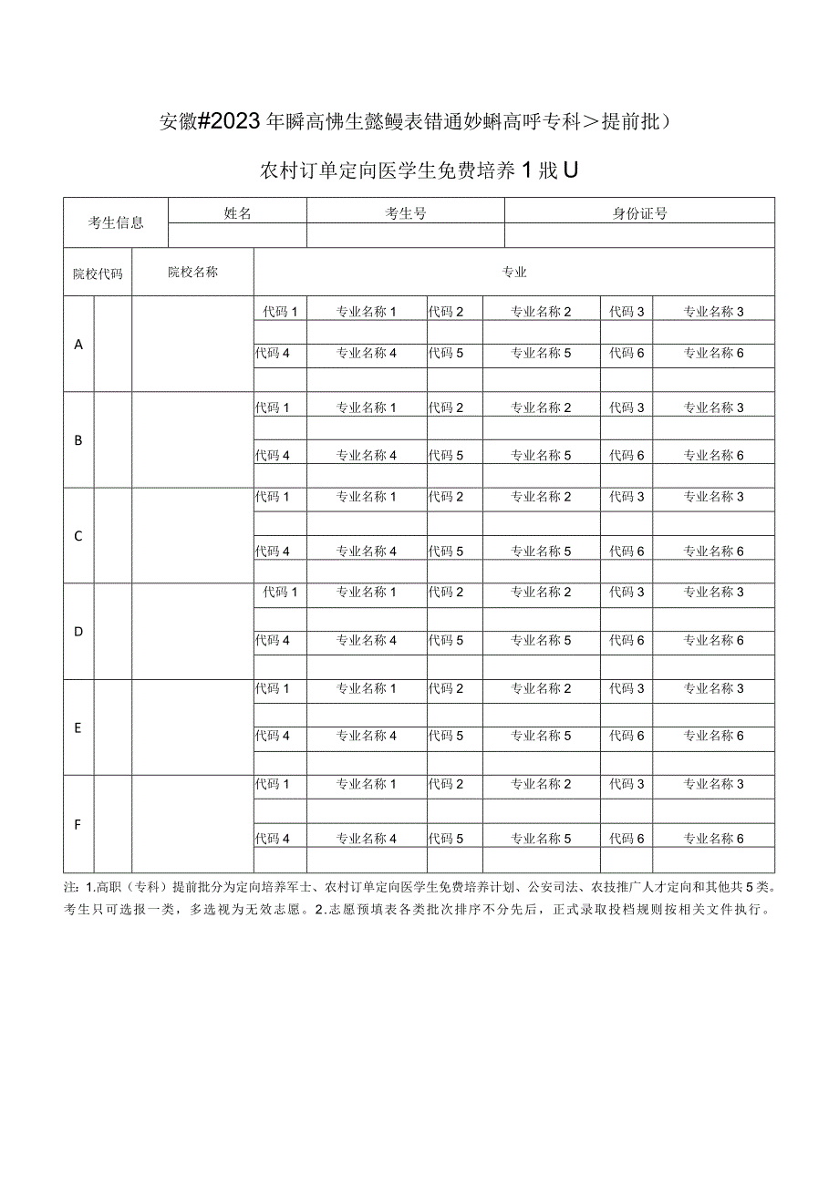 安徽省2023年普通高校招生志愿预填表（普通文理科高职《专科》提前批）--农村订单定向医学生免费培养计划.docx_第1页