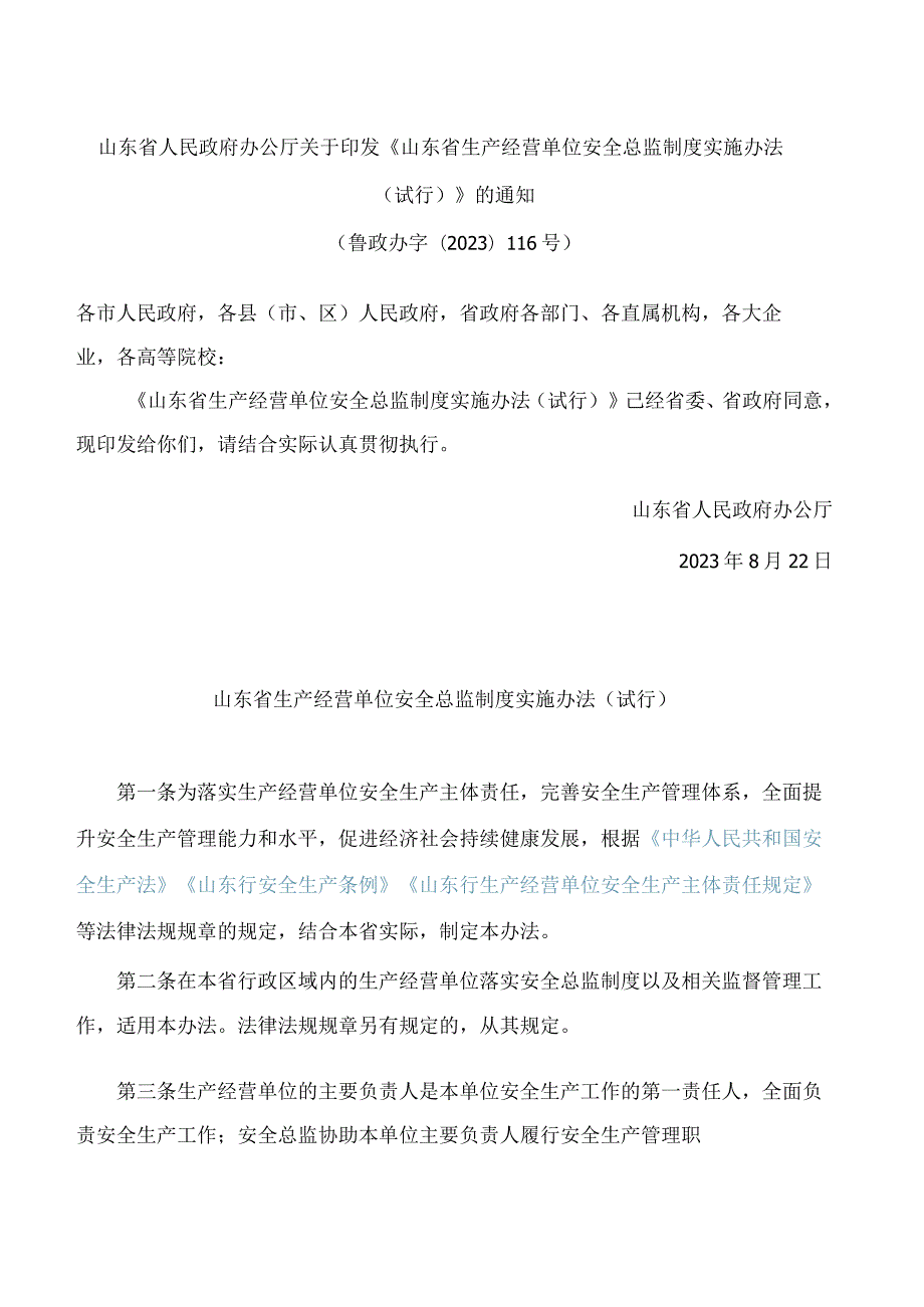 《山东省生产经营单位安全总监制度实施办法(试行)》.docx_第1页