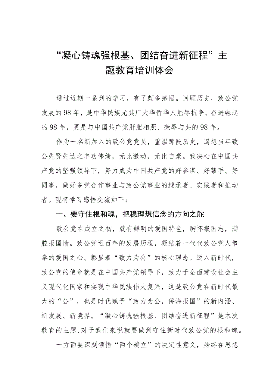 三篇“凝心铸魂强根基、团结奋进新征程”主题教育培训体会发言交流稿.docx_第1页