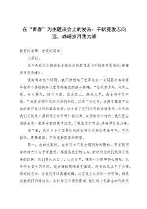 在“青春”为主题班会上的发言：千帆竞发志向远峥嵘岁月我为峰.docx