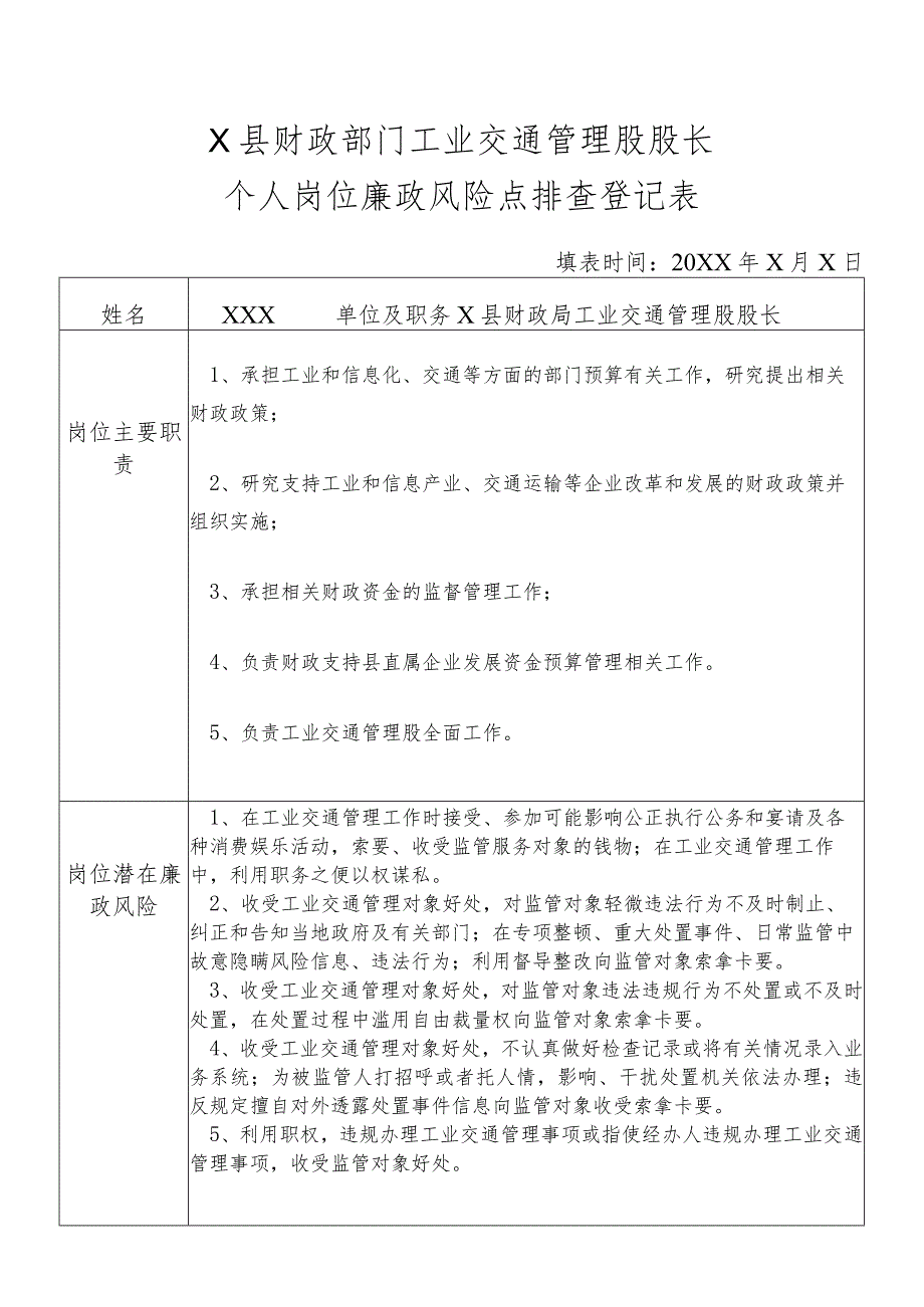 某县财政部门部门工业交通管理股股长个人岗位廉政风险点排查登记表.docx_第1页