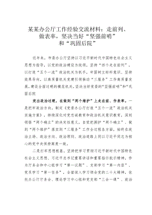 某某办公厅工作经验交流材料：走前列、做表率坚决当好“坚强前哨”和“巩固后院”.docx