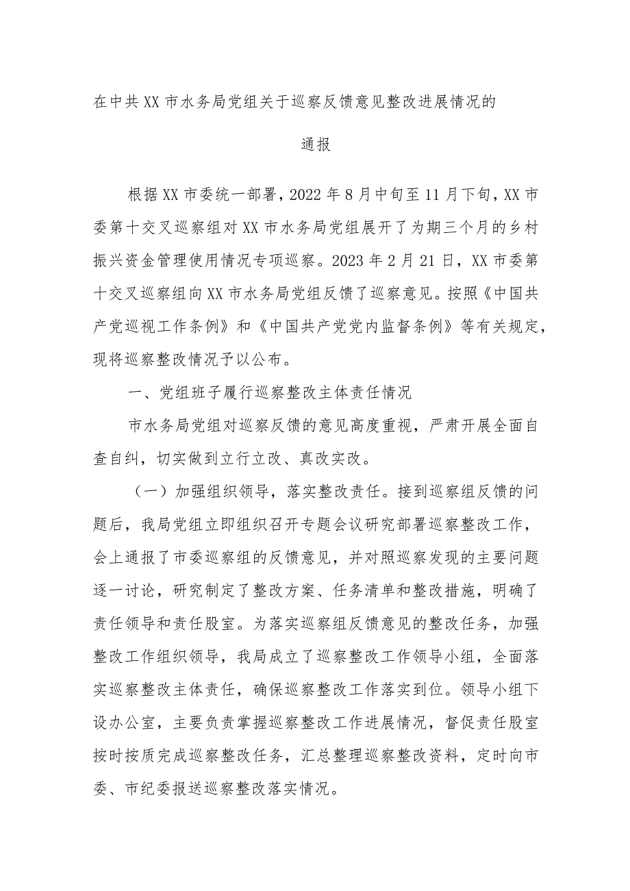 在中共XX市水务局党组关于巡察反馈意见整改进展情况的通报.docx_第1页