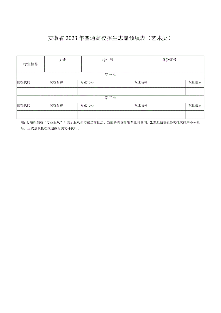 安徽省2023年普通高校招生志愿预填表（艺术类）.docx_第1页