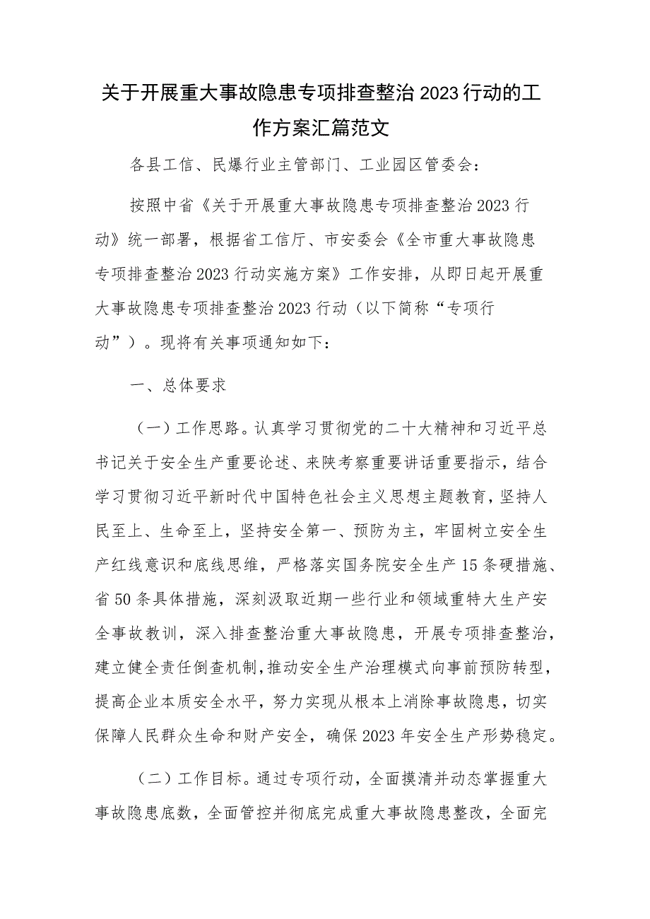 关于开展重大事故隐患专项排查整治2023行动的工作方案汇篇范文.docx_第1页