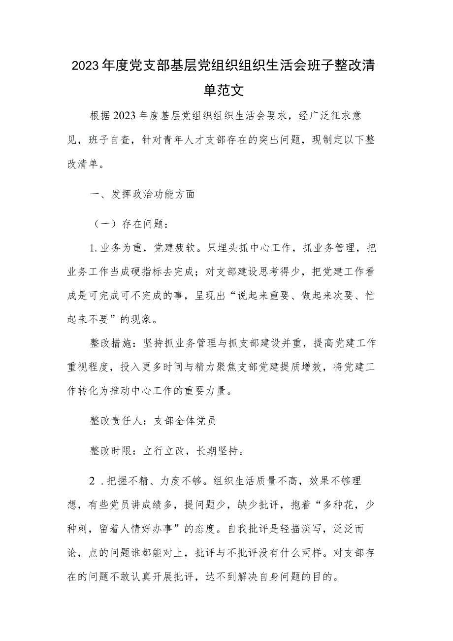 2023年度党支部基层党组织组织生活会班子整改清单范文.docx_第1页