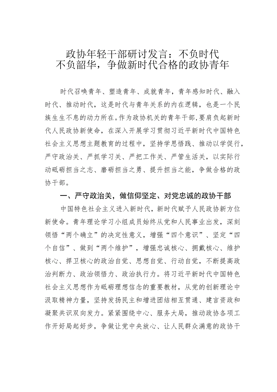 政协年轻干部研讨发言：不负时代不负韶华争做新时代合格的政协青年.docx_第1页