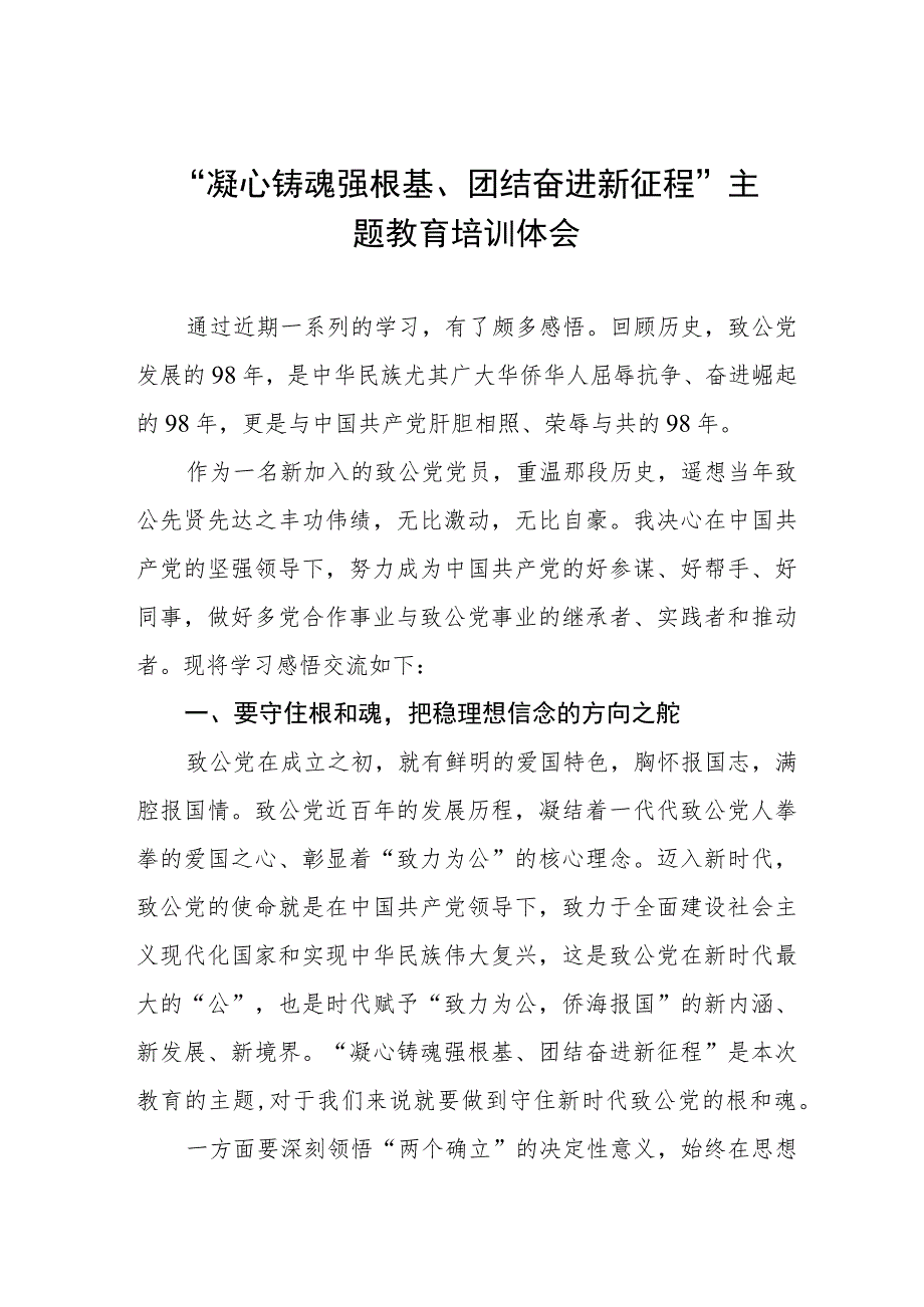 “凝心铸魂强根基、团结奋进新征程”主题教育培训体会发言交流稿四篇.docx_第1页