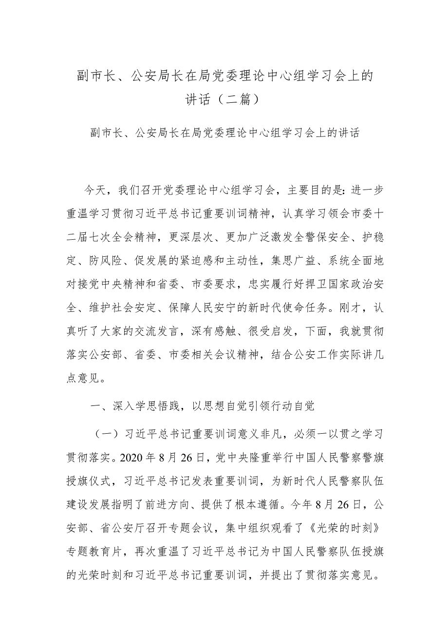 副市长、公安局长在局党委理论中心组学习会上的讲话(二篇).docx_第1页