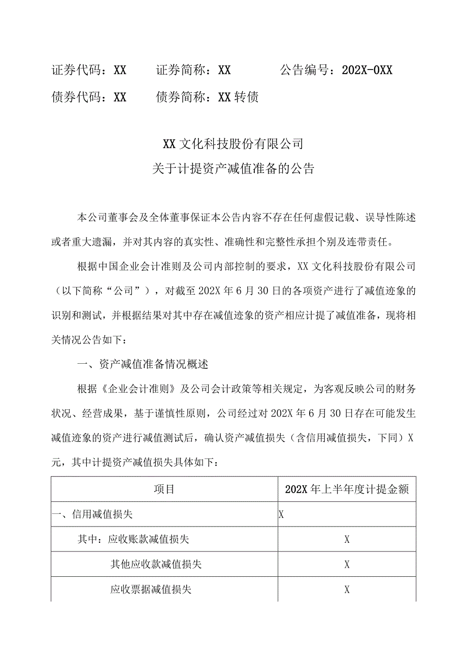 XX文化科技股份有限公司关于计提资产减值准备的公告.docx_第1页