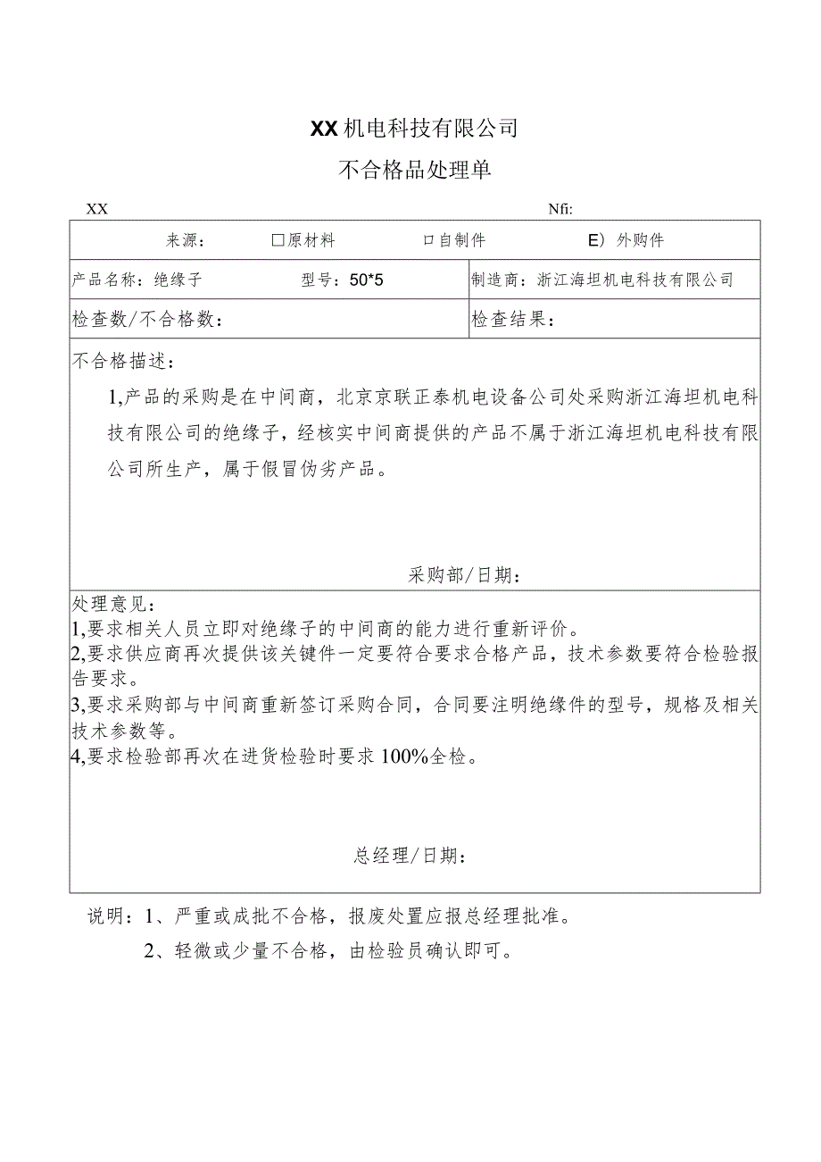 XX机电科技有限公司不合格品处理单(2023年).docx_第1页