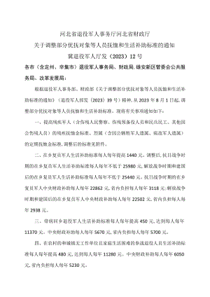 河北省关于调整部分优抚对象等人员抚恤和生活补助标准的通知（2023年).docx