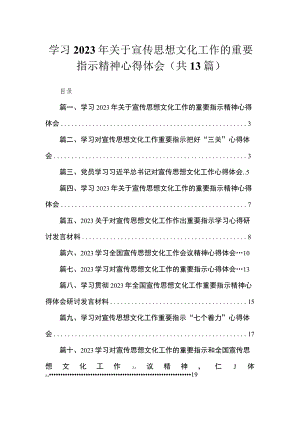 2023学习年关于宣传思想文化工作的重要指示精神心得体会【13篇精选】供参考.docx