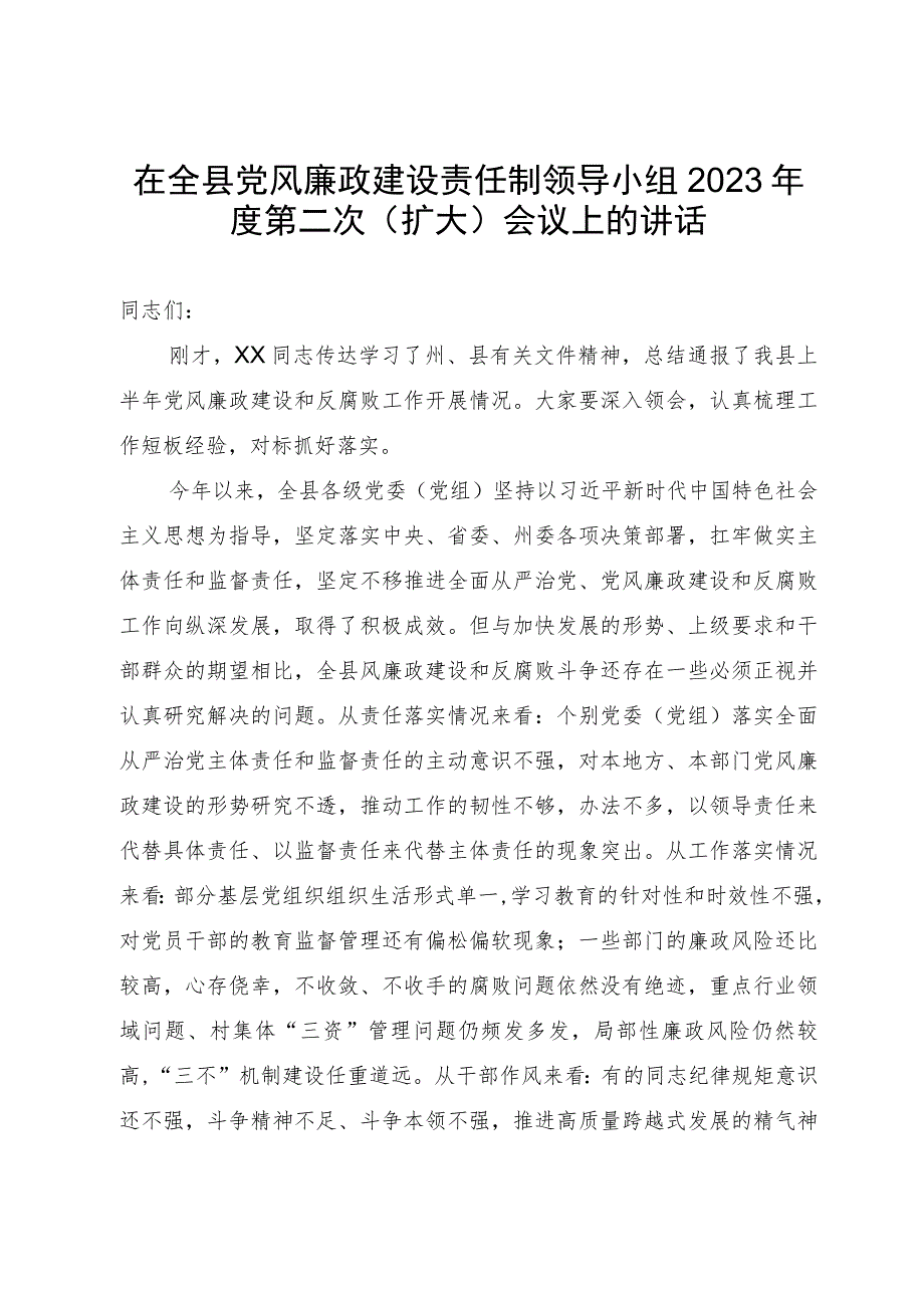 在全县党风廉政建设责任制领导小组2023年度第二次（扩大）会议上的讲话.docx_第1页