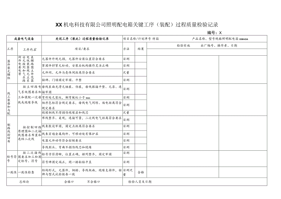 XX机电科技有限公司照明配电箱关键工序（装配）过程质量检验记录(202X年).docx_第1页