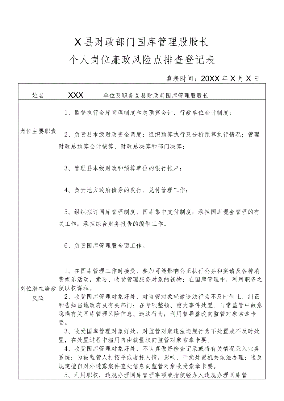 某县财政部门部门国库管理股股长个人岗位廉政风险点排查登记表.docx_第1页