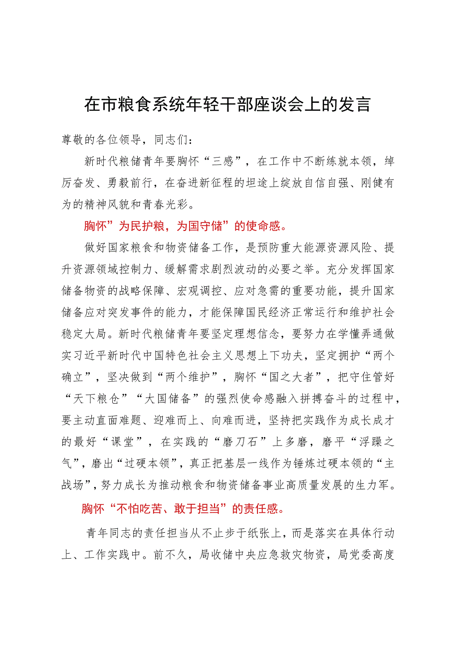 在市粮食系统年轻干部座谈会上的发言 .docx_第1页