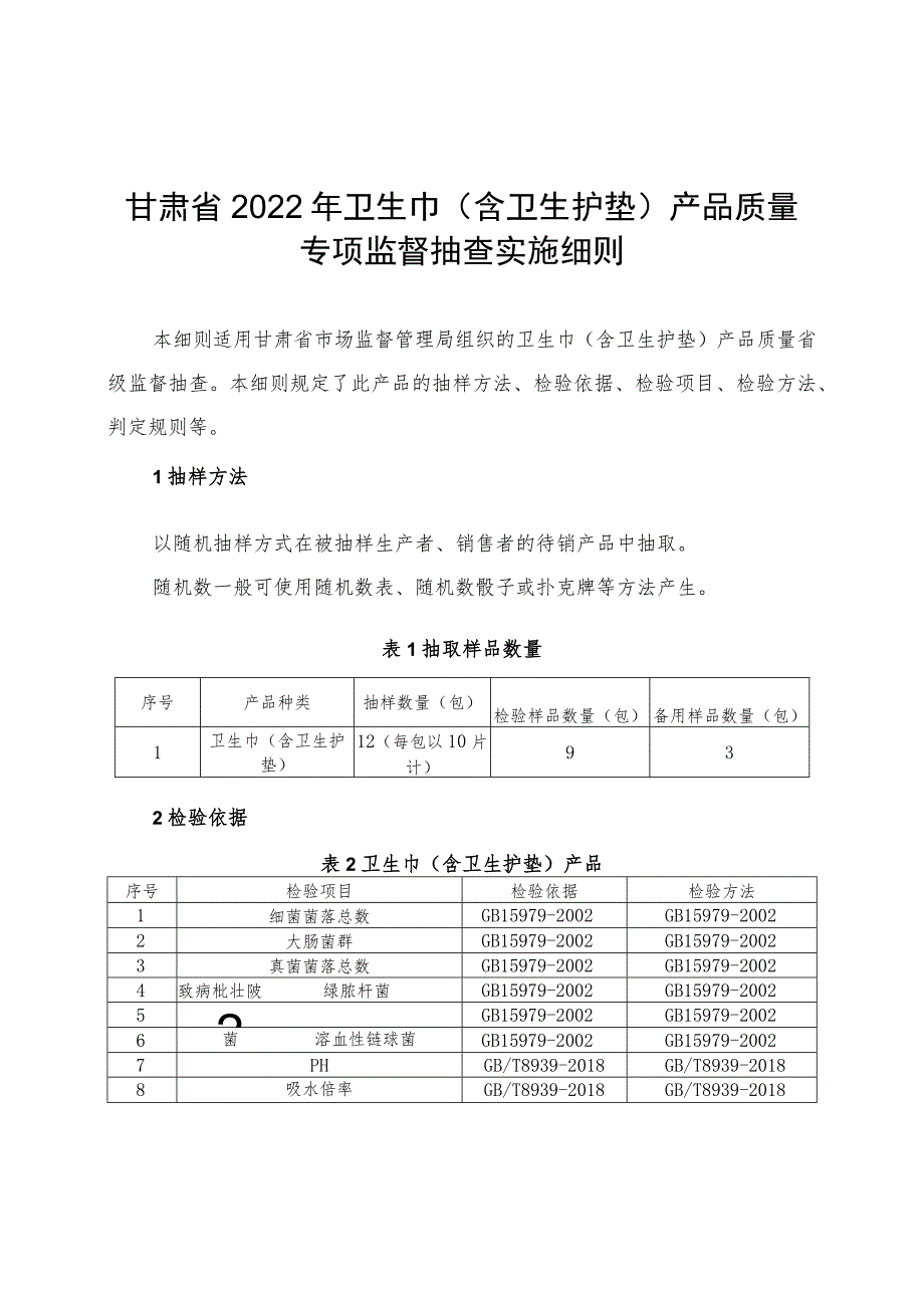 甘肃省2022年卫生巾含卫生护垫产品质量专项监督抽查实施细则.docx_第1页