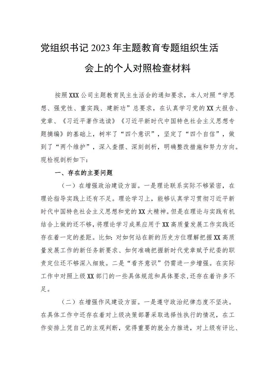 党组织书记2023年主题教育专题组织生活会上的个人对照检查材料.docx_第1页