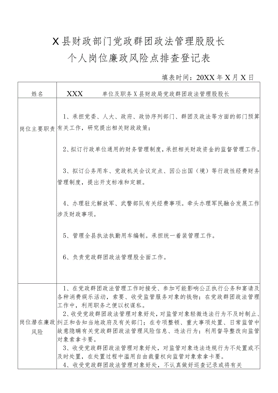 某县财政部门部门党政群团政法管理股股长个人岗位廉政风险点排查登记表.docx_第1页