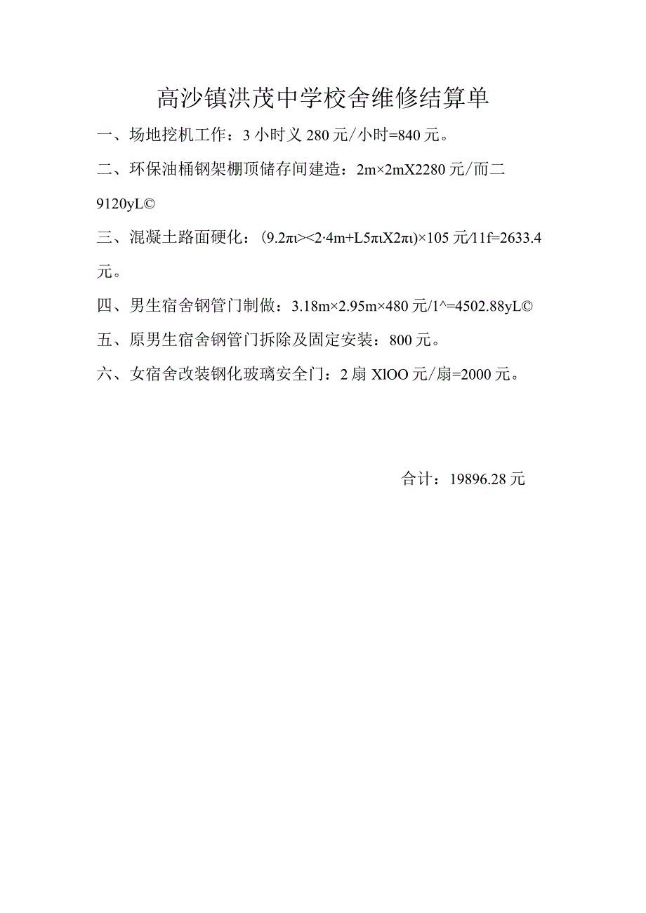 高沙镇洪茂中学校舍维修结算单.docx_第1页