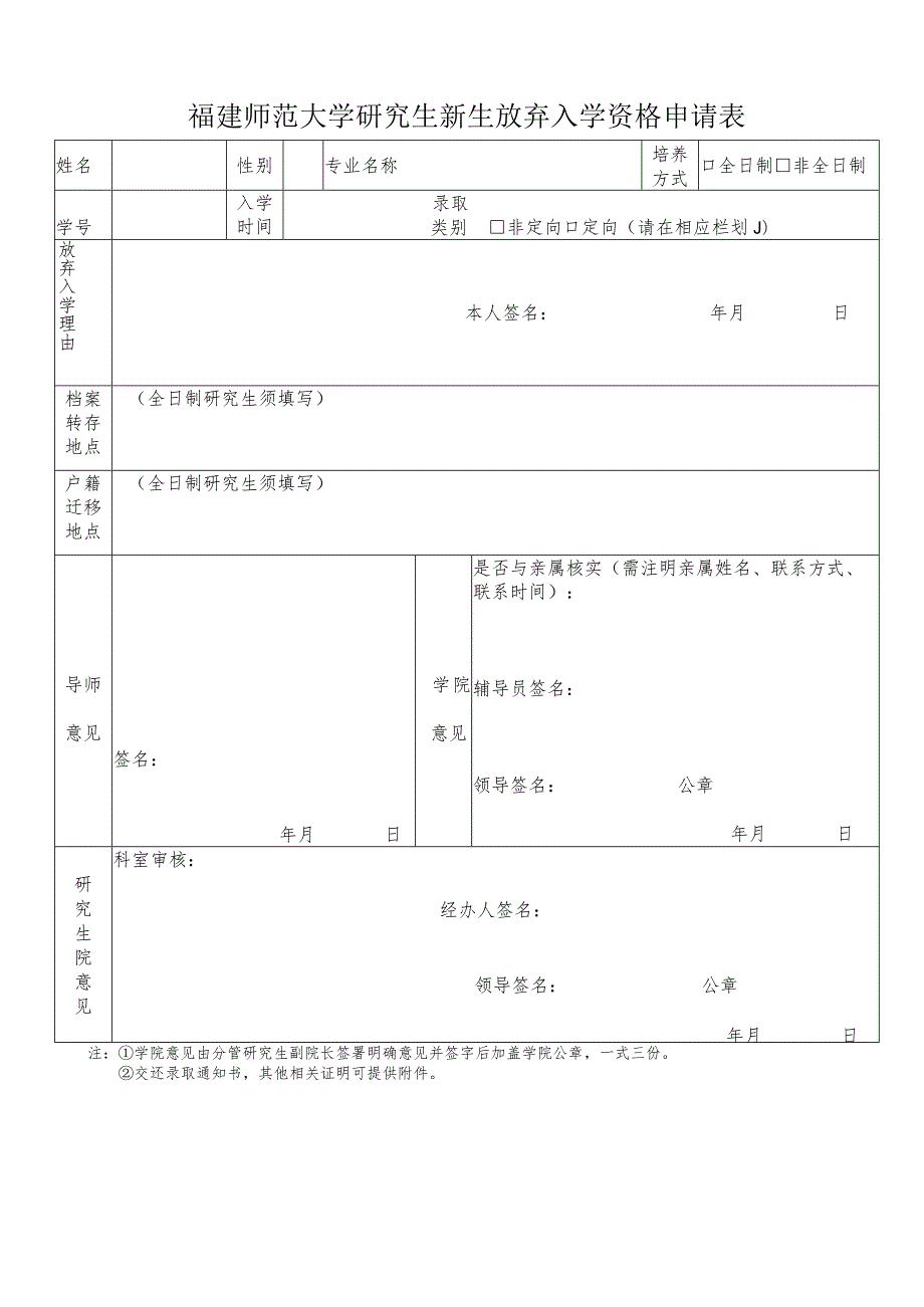 福建师范大学研究生新生放弃入学资格申请表.docx_第1页