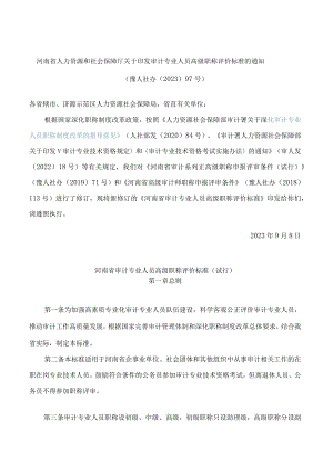 河南省人力资源和社会保障厅关于印发审计专业人员高级职称评价标准的通知(2023修订).docx