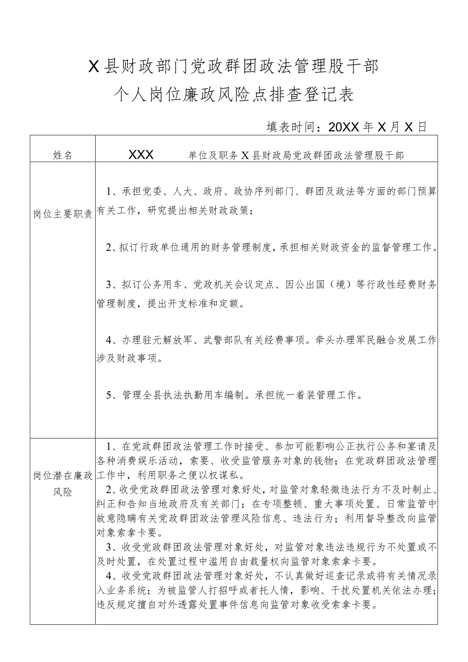 某县财政部门部门党政群团政法管理股干部个人岗位廉政风险点排查登记表.docx_第1页