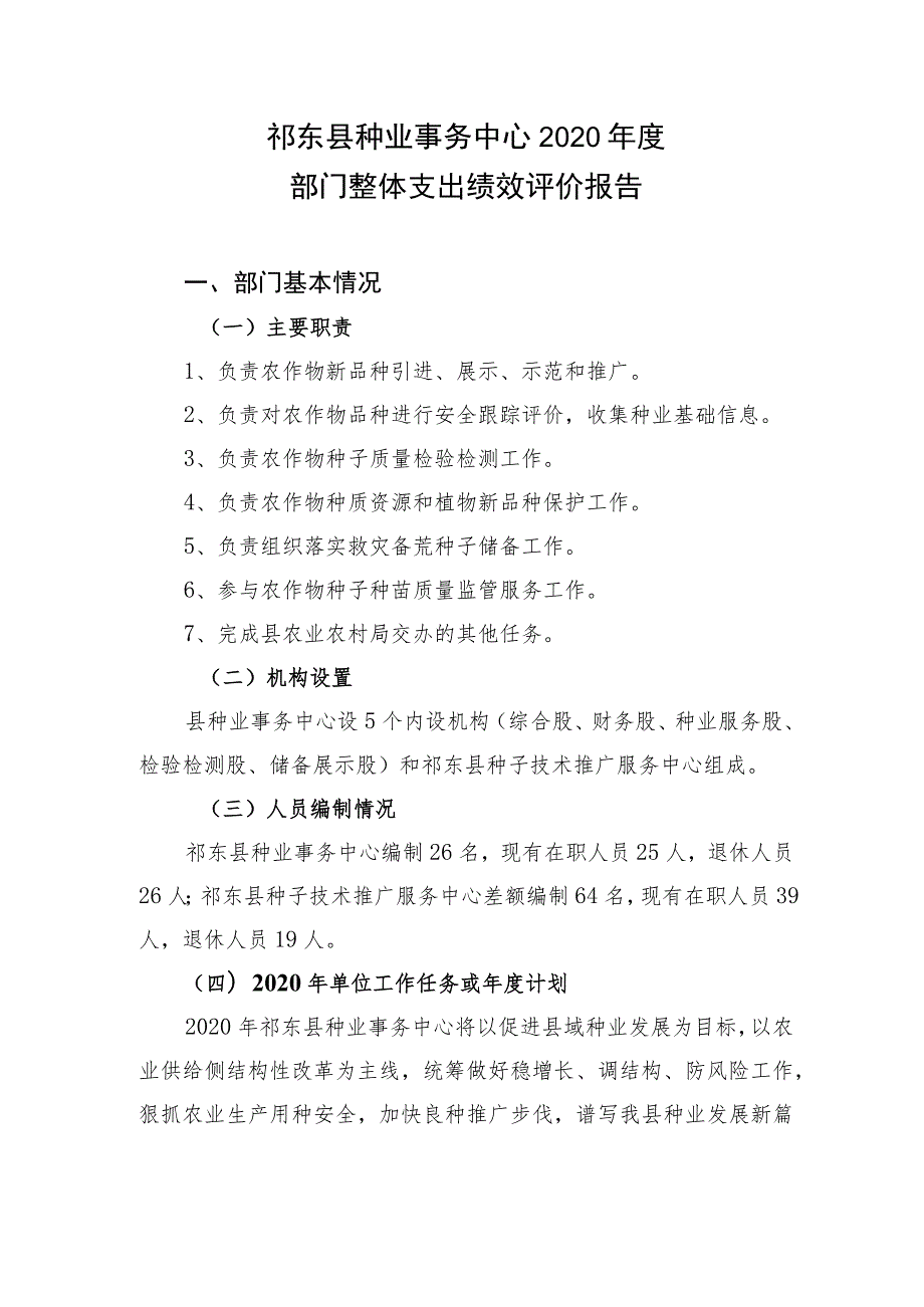 祁东县种业事务中心2020年度部门整体支出绩效评价报告.docx_第1页