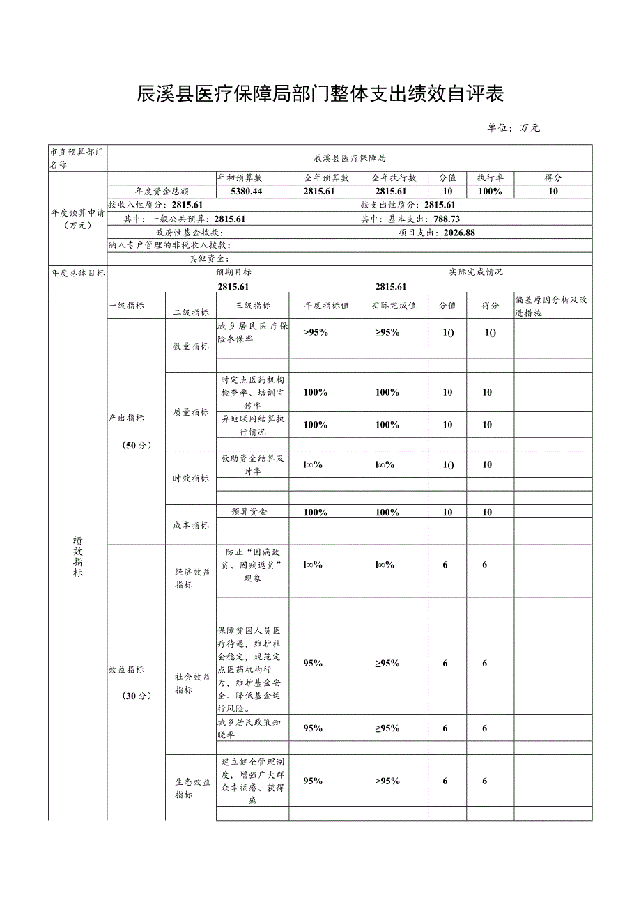 辰溪县医疗保障局部门整体支出绩效自评表.docx_第1页