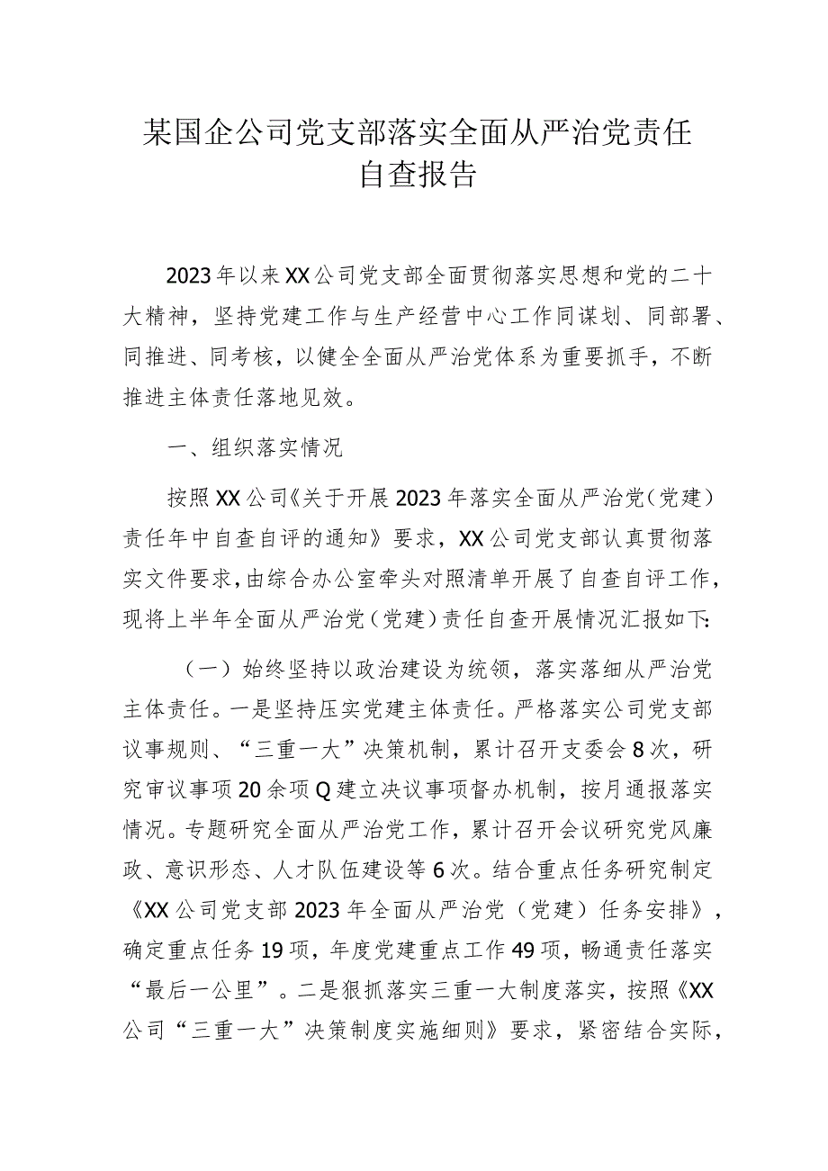 某国企公司党支部落实全面从严治党责任自查报告.docx_第1页