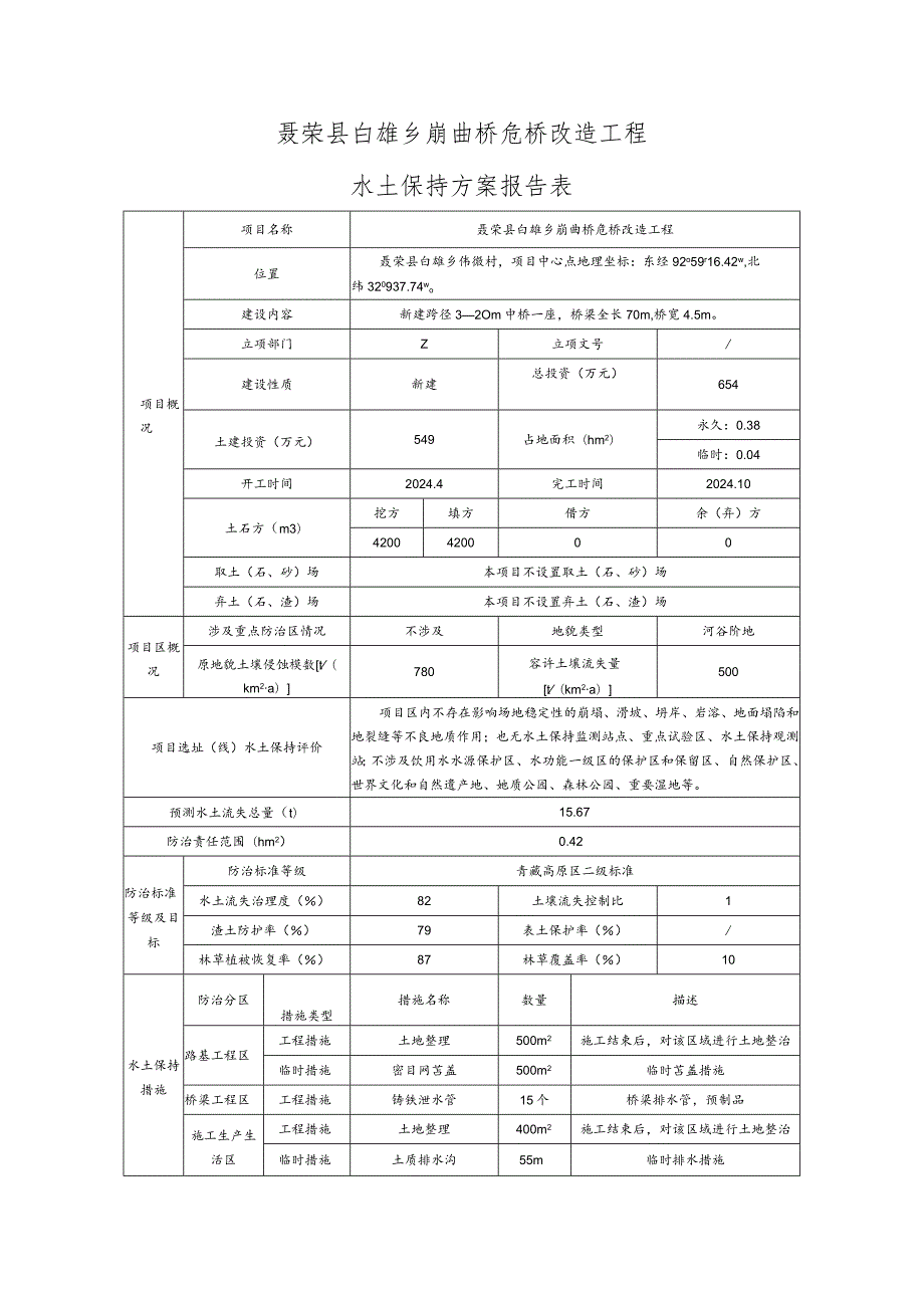 聂荣县白雄乡崩曲桥危桥改造工程水土保持方案报告表.docx_第1页