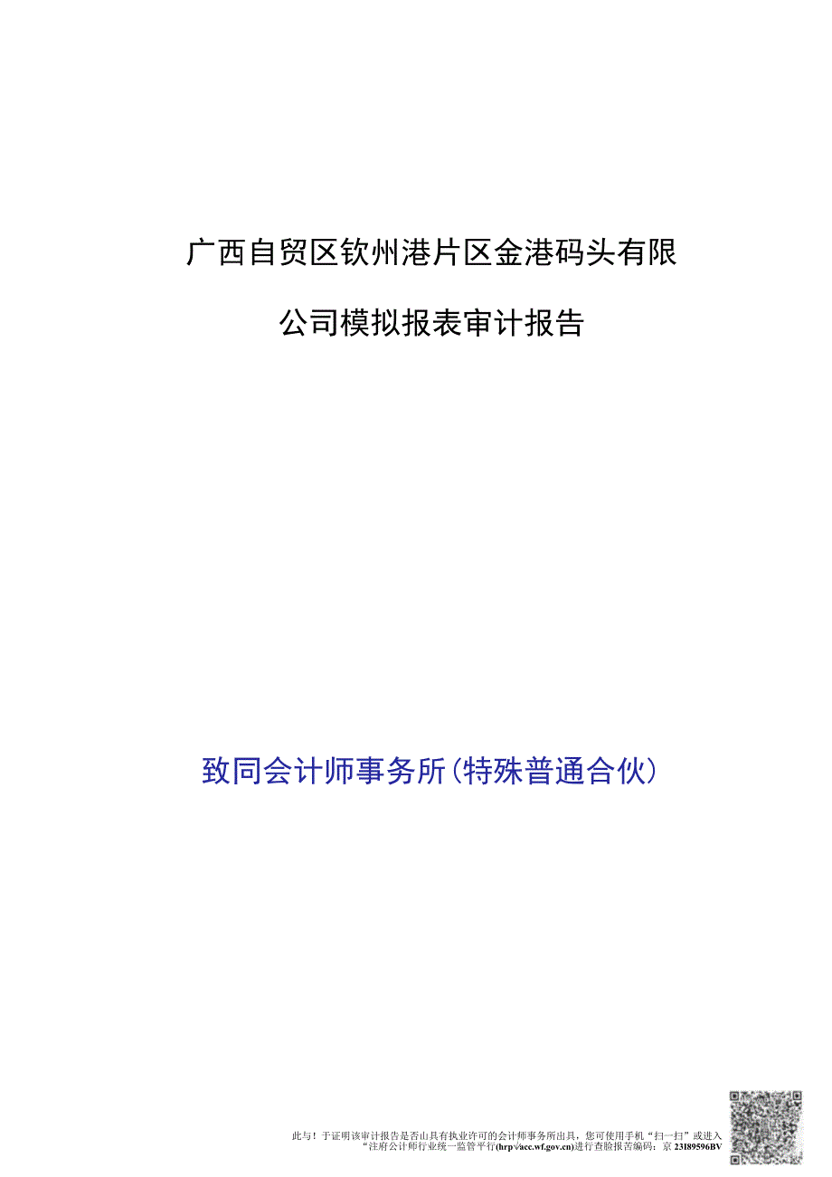 北部湾港：广西自贸区钦州港片区金港码头有限公司模拟报表审计报告.docx_第1页