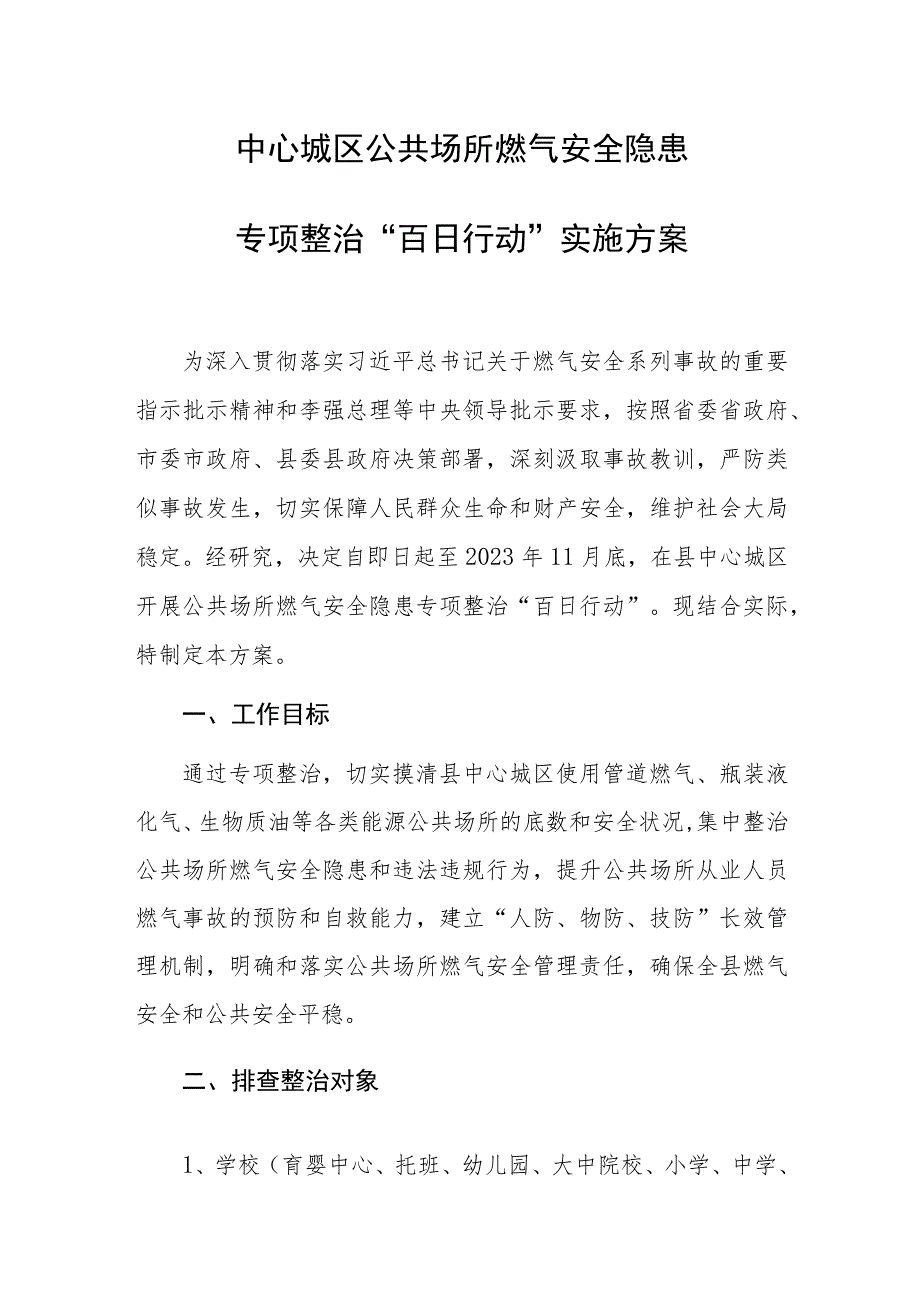 2023年中心城区公共场所燃气安全隐患专项整治“百日行动”实施方案.docx_第1页