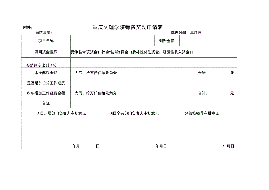 重庆文理学院筹资奖励申请表.docx_第1页