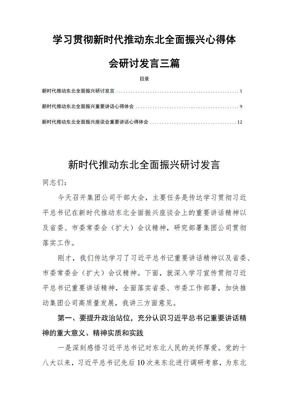 学习贯彻新时代推动东北全面振兴心得体会研讨发言三篇.docx_第1页