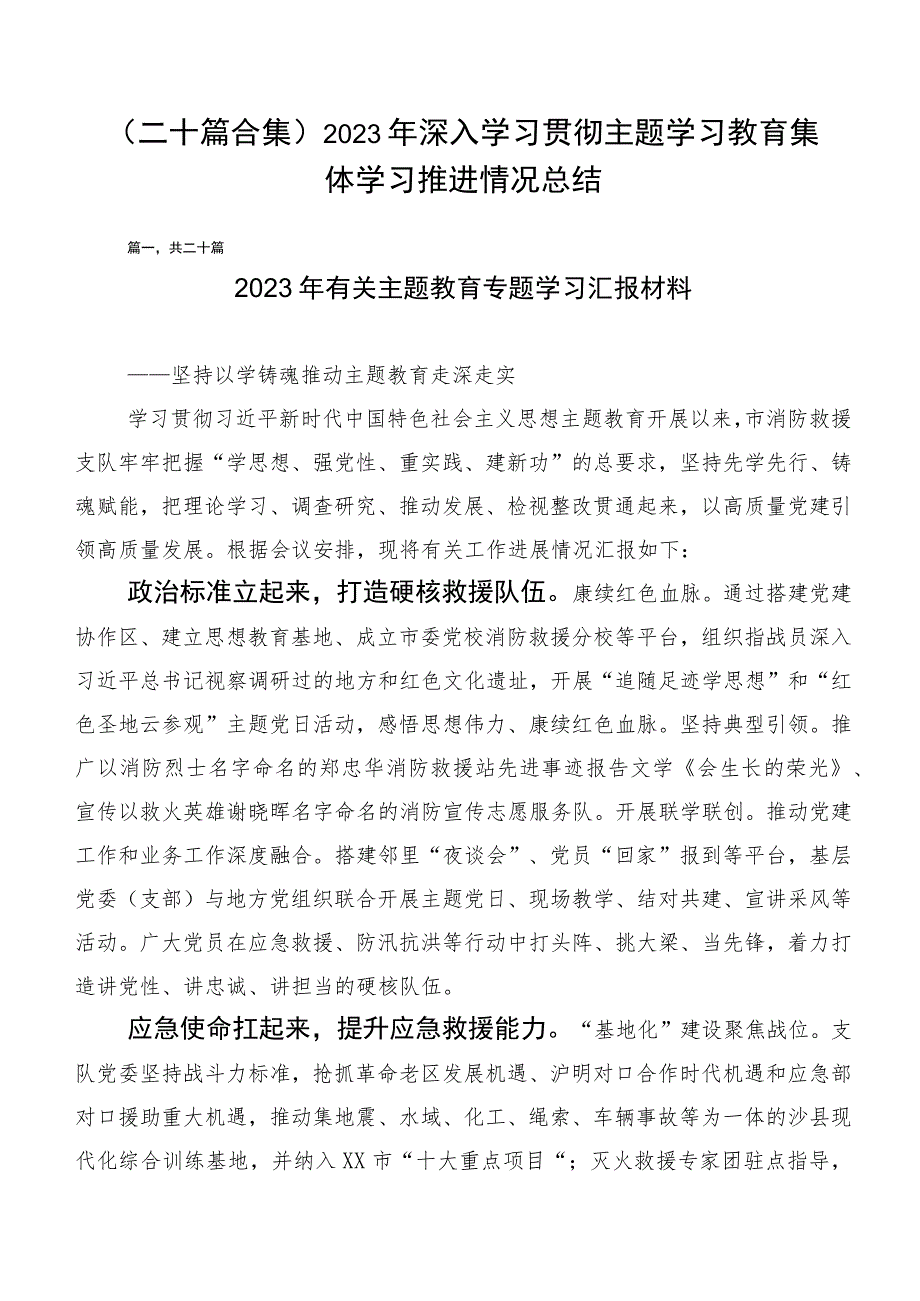 （二十篇合集）2023年深入学习贯彻主题学习教育集体学习推进情况总结.docx_第1页