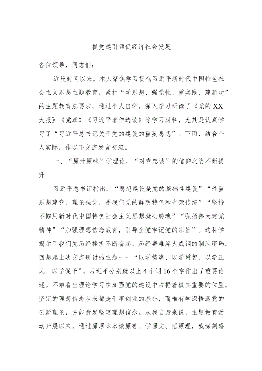 主题教育第二次交流发言材料：抓党建引领促经济社会发展.docx_第1页