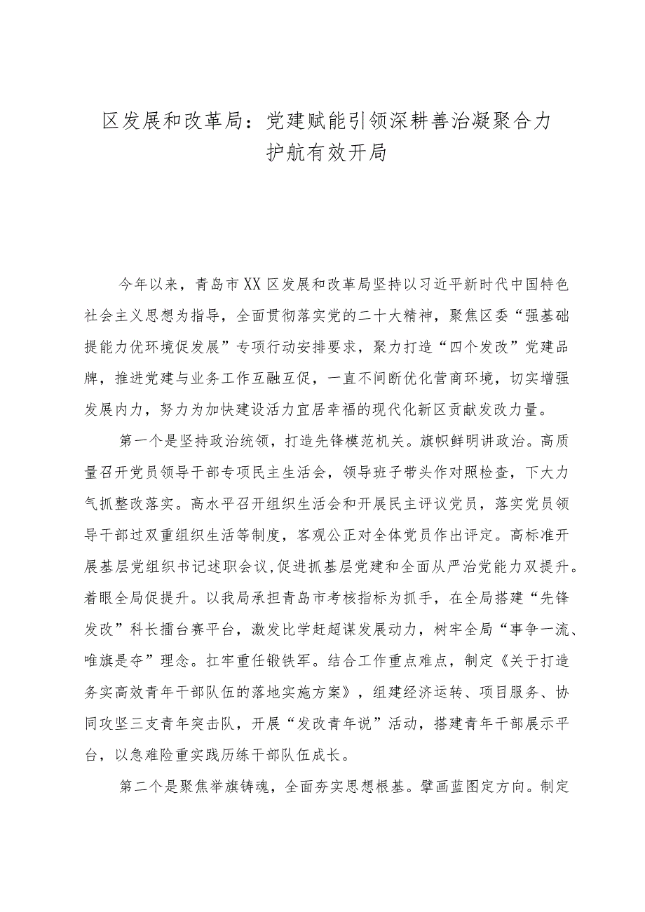 区发展和改革局： 党建赋能引领深耕善治 凝聚合力护航有效开局.docx_第1页