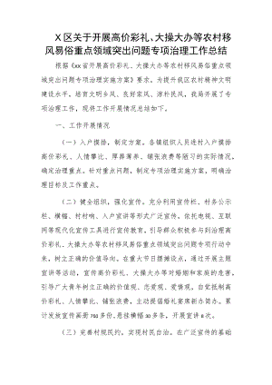 X区关于开展高价彩礼、大操大办等农村移风易俗重点领域突出问题专项治理工作总结.docx