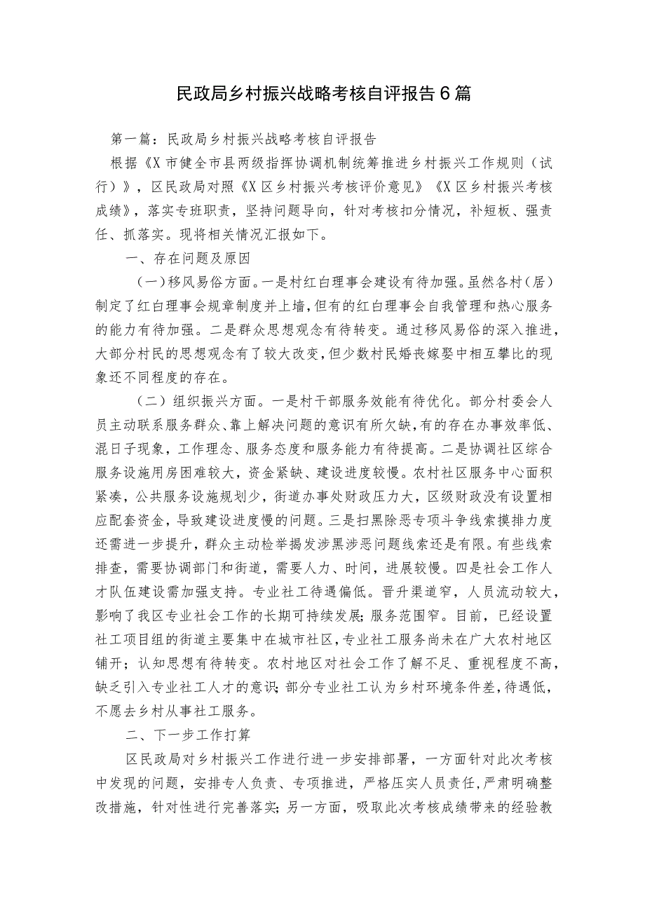 民政局乡村振兴战略考核自评报告6篇.docx_第1页