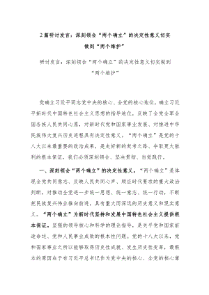 2篇研讨发言：深刻领会“两个确立”的决定性意义 切实做到“两个维护”.docx