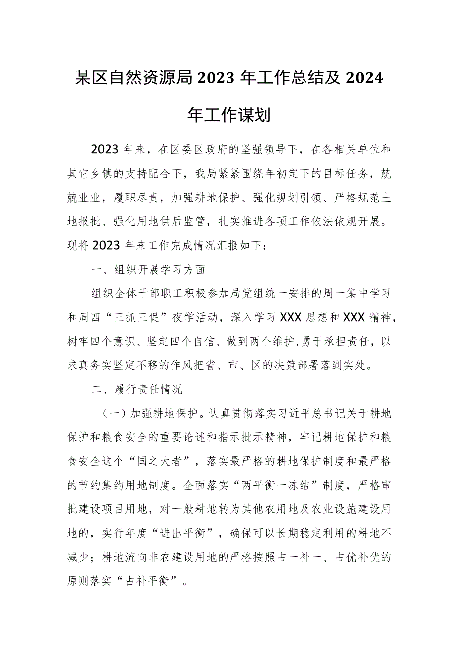 某区自然资源局2023年工作总结及2024年工作谋划.docx_第1页