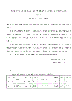 陕西省教育厅办公室关于公布2023年义务教育学校作业管理与设计案例评选结果的通知.docx