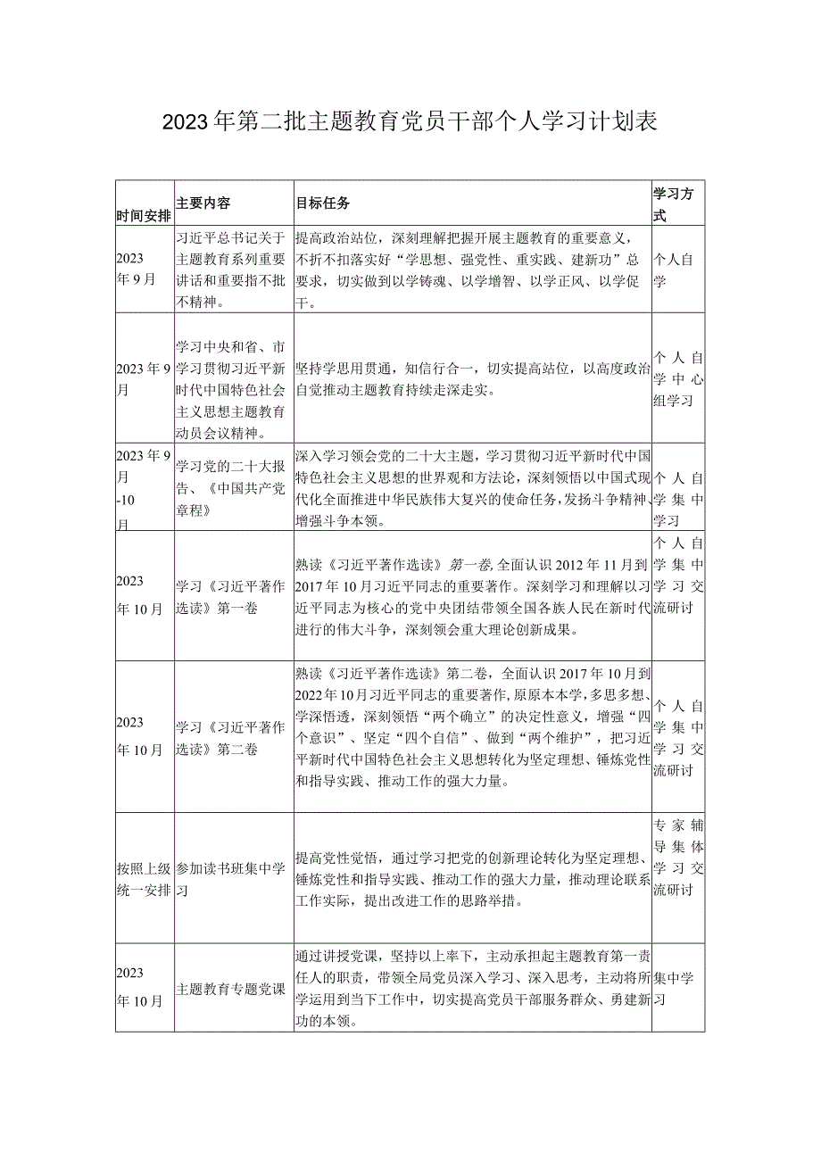 2023年第二批主题教育党员干部个人学习计划表.docx_第1页