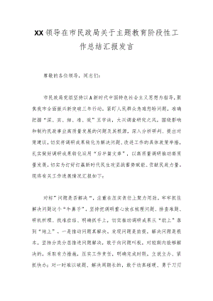 XX领导在市民政局关于主题教育阶段性工作总结汇报发言.docx