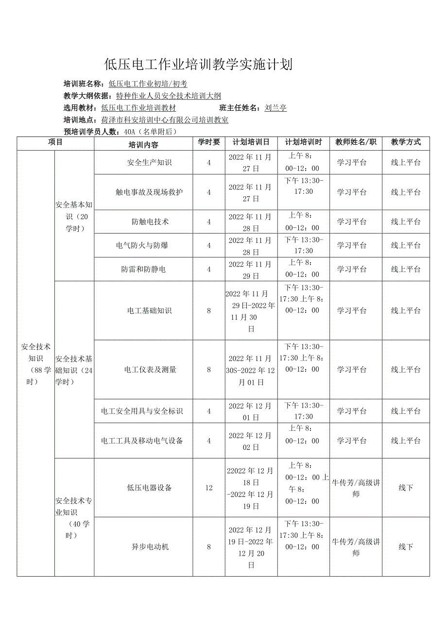 低压电工作业培训教学实施计划培训班名称低压电工作业初培初考.docx_第1页