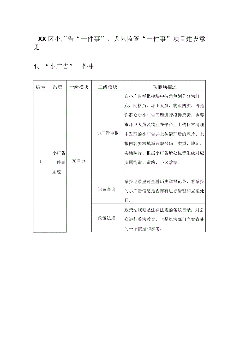 XX区小广告“一件事”、犬只监管“一件事”项目建设意见.docx_第1页